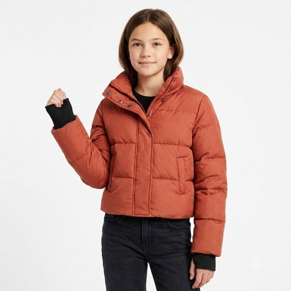 GB Girls Jacket XL 14-16 Rust Orange Quilted Puffer Cropped Funnel Neck